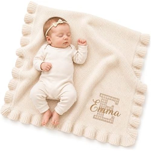 Nonnie Personalized Applique Baby Blanket with Name, Custom Embroidered Knit Newborn Wrap for Girl Boy, Soft Cotton Nursery Stroller Blanket, Customized Gifts Baby Shower Christmas, Infant Photo Prop