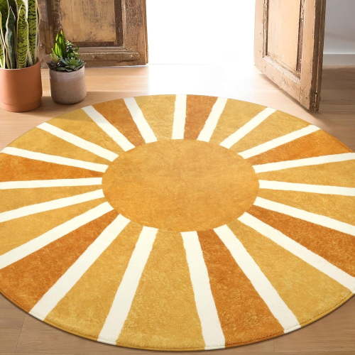 Lahome Boho Round Rugs,5ft Washable Non-Slip Small Round Area Rug Throw Soft Sofa Kids Nursery Room Rug Rainbow Sun Print Distressed Round Carpet for Bedroom Entryway Living Room Dining Room