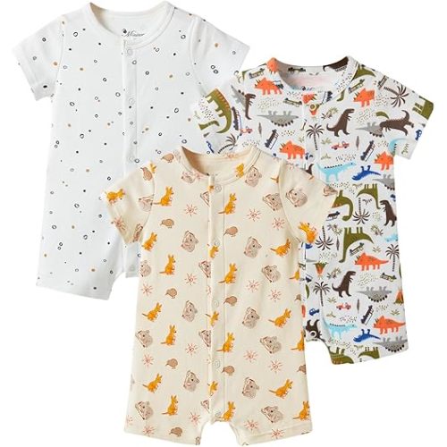 3-Pack 100% Cotton Baby Boy Rompers,0-24Months Short Sleeve Toddler Romper,Breathable Spring/Summer Clothes
