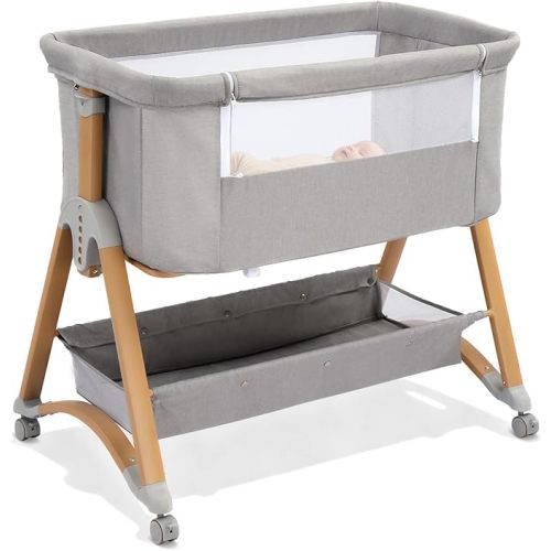 Ktaxon 5 in 1 Baby Bassinet Bedside Sleeper, Rocking Bedside Bassinet with Wheel, Removable Mattress, 6 Adjustable Heights, Large Storage Basket, Airflow Mesh, Fast Folding for Newborn (Light Grey)