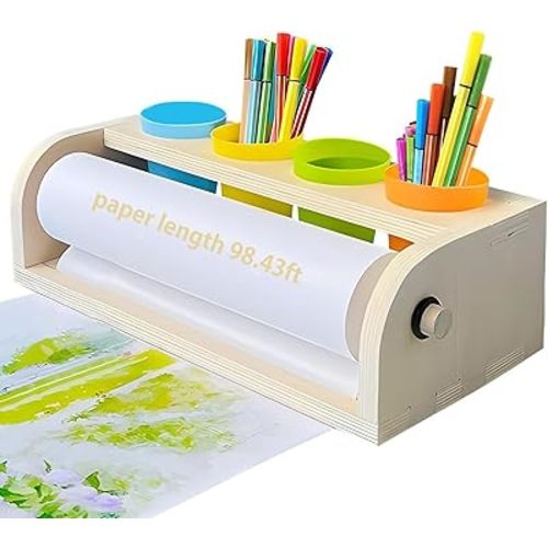 XDONEF Wooden Tabletop Paper Roll Dispenser with Roll 11.4inx98.4ft and Pencil Cups Craft Art Paper Roll Holder for Kids Desktop Easel for Drawing Painting Home Classroom