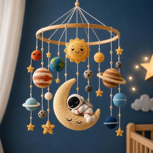 Handmade Crochet Space Mobile, Solar System Yarn Mobile, Astronaut and Planets Nursery Decor, Neutral Nursery Decor, Baby Shower Gift