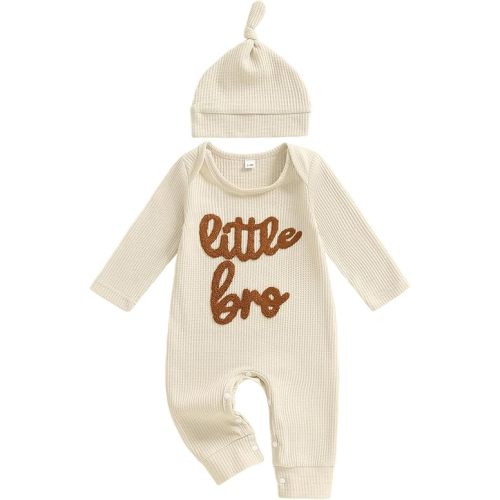 ZAXARRA Newborn Boy Fall Stripe Romper Letter Embroidery Long Sleeve Round Neck Full Length Jumpsuit with Hat