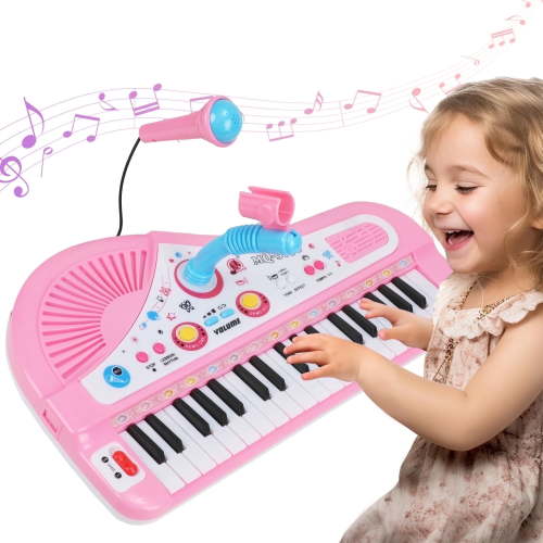 Anpro Baby Piano Toy, 37 Keys Musical Keyboard with Microphone, Karaoke Educational Gift for Toddlers Age 3+, Pink