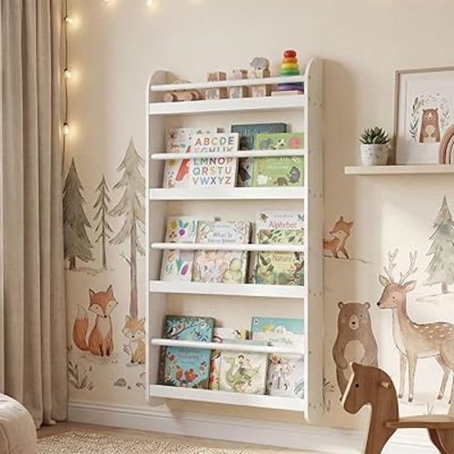 HONEY JOY Kids Bookshelf, Wall Mounted Shelf with Basswood Crossbar & Raised Edge, 4-Tier Bookshelf Organizer for Toys and Books, Space-Saving Wall Book Rack for Bedroom, Living Room, Nursery (White)