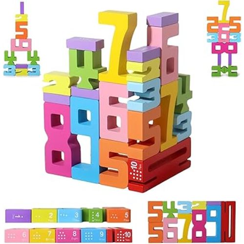 20PCS Wooden Number Blocks, Montessori-Inspired Math Learning Toys for Kids Ages 3-8, Stacking Balancing Game, Educational Counting Toys 1-10, Toddler Preschool Learning Activities
