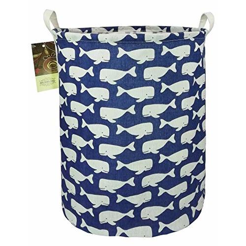 Laundry Hamper,Large Canvas Fabric Lightweight Storage Basket Toy Organizer Dirty Clothes Collapsible Waterproof for College Dorms, Children Bedroom,Bathroom (Rould Blue Whale)