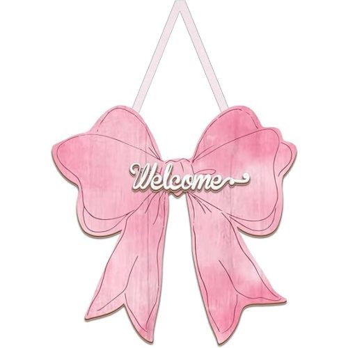 Pink Bow Decor Hanging Sign Cute Coquette Bow Decoration Double-sided Wooden Bowknot Welcome Door Sign for Preppy Room Wall Home Bedroom Fall Halloween Indoor Outdoor Porch