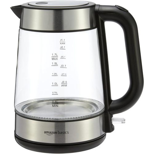 Amazon Basics Electric Kettle with Glass Carafe for Tea and Coffee, BPA-Free, Fast Boiling, Auto Shut-Off, 1.8 Quarts, 1500W, Black and Silver