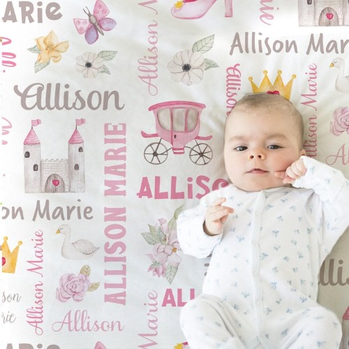 Princess castle baby name blanket, personalized fairy-tale infant blanket, girl pink princess crown newborn baby gift, (CHOOSE COLORS)