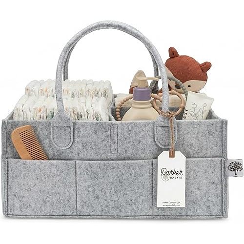 Parker Baby Diaper Caddy - Nursery Storage Bin and Car Organizer for Diapers and Baby Wipes (Gray, Large)