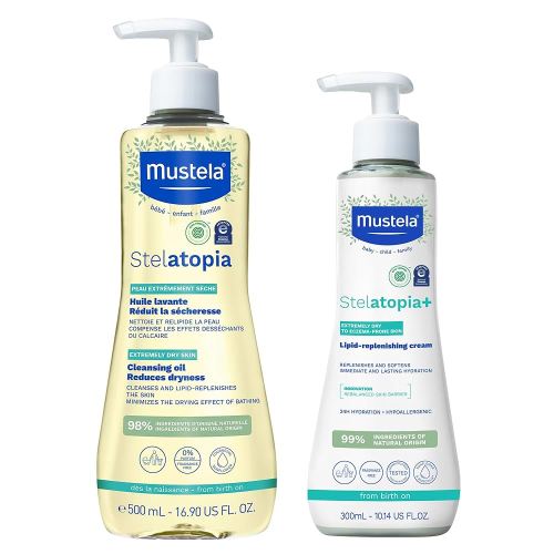 Mustela Stelatopia Eczema-Prone Skin Bath Time Gift Set - Family Skin Care Essentials - Natural Avocado & Sunflower Oil - EWG Verified - 2 Items Set - Stelatopia Cleansing Oil and Stelatopia+ Cream
