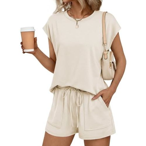 2 Piece Sets for Women Summer Outfits Lounge Sets Crew Neck Short Sets Cap Sleeve Drawstring Sweatsuit with Pocket