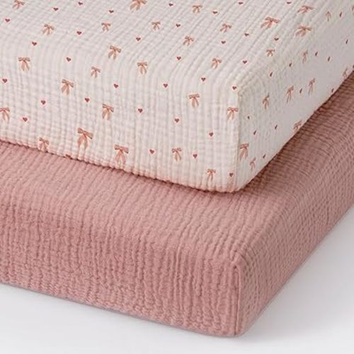 Muslin Mini Crib Sheets, Pack and Play Mattress Sheets Fitted for Pack N Play, Soft Cotton for Boys Girls, 2 Pack(Bow & Dusty Pink)