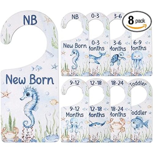 Baby Closet Dividers 8PCS, Blue Shell & Bows Themed Wooden Double-Sided Clothes Size Hanger/Organizer from Newborn to Toddler for Nursery Decor Baby Shower Birthday Party Gift