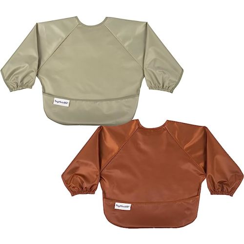 Tiny Twinkle Mess Proof Baby Bib, 2 Pack Long Sleeve Bib Outfit, Waterproof Bibs for Toddlers, Machine Washable, Tug Proof - Brown Khaki