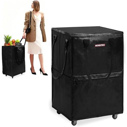WORKPRO Medium Reusable Grocery Bag on Wheels, Heavy Duty Rolling Shopping Tote with Handle, Folding Trolley on 4 Caster Wheels for Groceries, Laundry, Camping, Moving