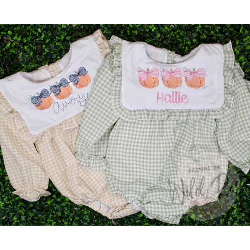 Personalized Pumpkin Gingham Bubble Romper or Dress | Fall Embroidered Outfit for Baby & Toddler Girls | Tan and Green | Sizes NB-6