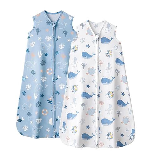 Baby Sleep Sack 0-6 Months, 0.5 TOG Wearable Blanket for Baby Boy and Girl, 2-Way Zipper Newborn and Infant Sleeping Bag 2 Pack, Lightweight Sleep Sacks Blue Whale（Small）