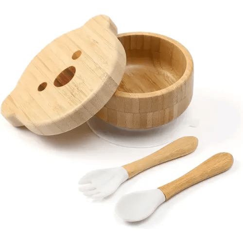 Baby Bowls with Lid,HBM Bamboo Suction Bowls for Baby and Spoon Set,3PC Feeding Supplies Set for Infant, Toddlers,Detachable Silicone Suction Stay Put Base for Wooden Bowl （Marble）