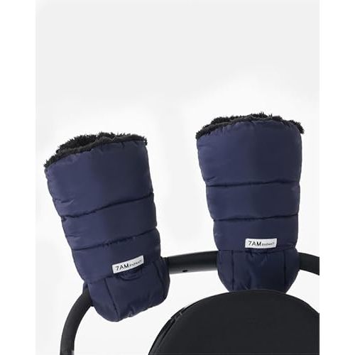 7AM Enfant Stroller Warmmuffs Gloves - Anti-Freeze Stroller Mittens for Handlebars, Water Repellent Hand Warmer Muff for Cold Weather, Plush Lined Stroller Warmmuffs (Navy)