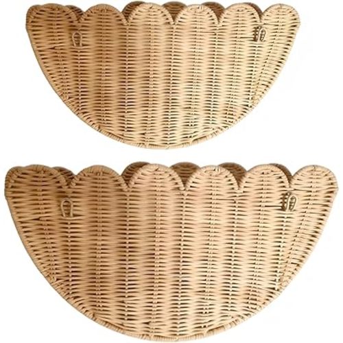 Scalloped Wall Basket，2pcs Hand Woven Hanging Wall Baskets, Wicker Wall Basket Storage，Rattan Hanging Baskets Decor for Home, Bathroom, Living Room, Nursery-16 x 12 x 7 & 14 x 8 x 6 in (Natural)