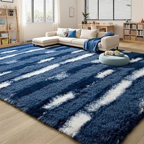 6x9 Feet Rectangle Large Rugs for Bedroom Living Room, Plush Fuzzy Blue Striped Carpet for Girls Kids Boys, Non-Slip and Washable Rug for Nursery Classroom Decor Rug