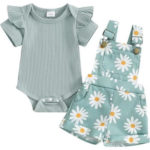 Rtnnsbbfcm Newborn Baby Girl Clothes Summer Outfit Short Sleeve Ribbed Romper Floral Suspender Overalls Shorts Set