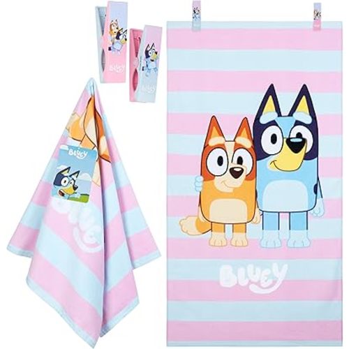 Bluey Beach Towel with 2 Clips Kids Toddlers Quick Dry Towel for Pool Beach Bath Swimming Trips Travel Essentials 55x27”