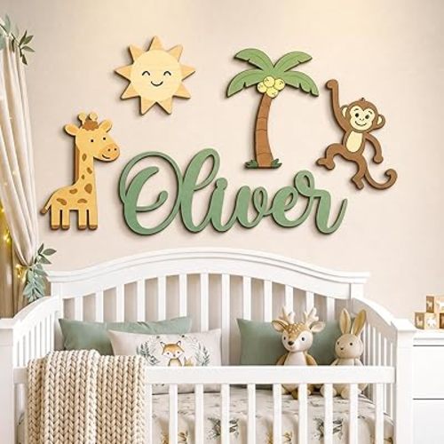 Personalized Wooden Name Sign for Nursery, Custom Sign with Wall Letters, Animal Cartoon Elements, Woodland Nursery Decor (DIY Style)