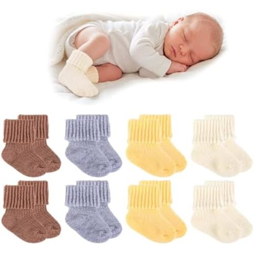 8 Pairs Baby Girl Socks Newborn & Preemie, Wool Blend Turn Cuff Infant Socks for NICU Hospital