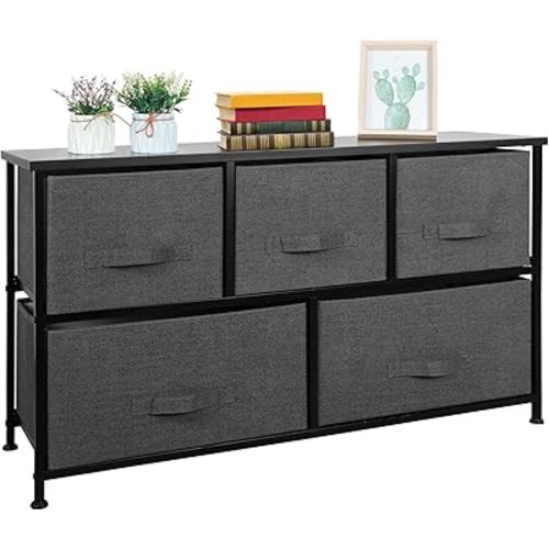 SUPER DEAL Wide Dresser for Bedroom, 5 Drawer Fabric Storage Organizer Chest Heavy Duty Steel Frame Wood Top for Kids Toys Livingroom Closet Nursery Hallway, Dark Grey