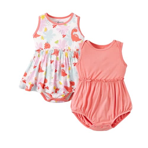 PATPAT Baby Girl Bamboo Viscose 2-Pack Romper & Dress | Color-Coded Snaps for Easy Diaper Changes, Super Soft & Breathable Fabric, Stretchy to Fits Longer