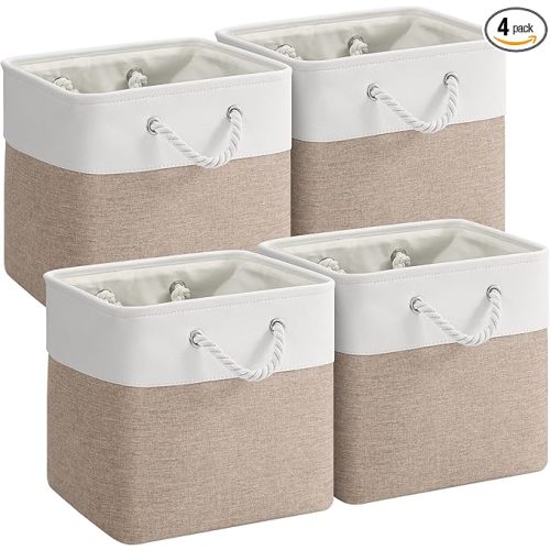 12 x 12 Inch Cube Storage Bins, 4 Pack Fabric Storage Basket with Handles, Foldable Boxes Organizer for Shelf Baskets for Home, Clothes (White/Khaki)
