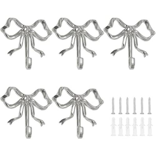 5 Pcs Gold Bow Wall Hooks, Elegant Zinc Alloy Decorative Hooks for Towel Coat Hat, Cute Bow Decor Hanger for Bathroom Living Room Kitchen Dorm Room Decor (Silver)