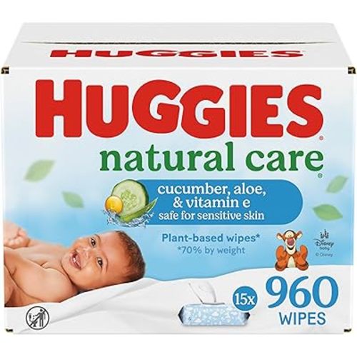 Huggies Natural Care Cucumber, Aloe and Vitamin E Baby Wipes, Hypoallergenic, Scented, 15 Flip-Top Packs (960 Wipes Total), Packaging May Vary