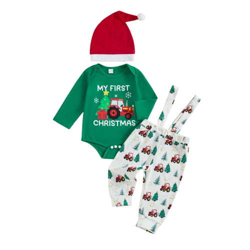 BemeyourBBs Newborn My First Christmas Baby Boy Christmas Outfits Long Sleeve Romper with Suspender Pants Hat Set