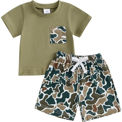 PUHHAPIEY Toddler Baby Boy Summer Clothes Retro Camo Hunting Shirts T-Shirt Camouflage Shorts Set 6 12 18 24 Months 2T 3T 4T