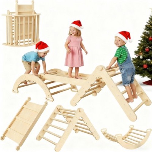 7-in-1 Foldable Pikler Triangle Set ¨C Natural Wood Baby Climbing Gym with Arch, Ramp & Ladder for Toddlers, Indoor Play & Christmas Gifts