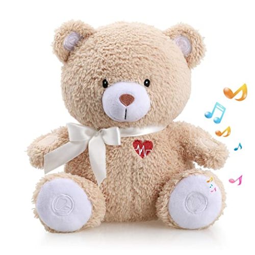 BEREST Newborns Musical Baby Sleep Soother, Mom's Heartbeat White Noise Machine, Bear Sleeping Aid with Cry Sensor|Night Light & 9 Sounds Therapy|Womb Sound Stuffed Toy for Toddler Crib|Deep Brown