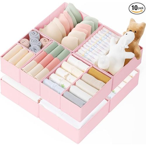 Criusia Drawer Organizer Clothes, 10 Pack Dresser Organizer for Baby Clothes, Underwear, Sock- Foldable Closet Organization and Storage Dividers Bins for Nursery, Bedroom (Pink)