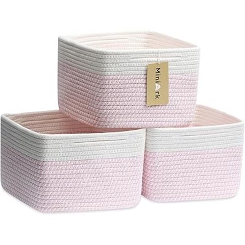 Small Organizing Baskets for Cubes Shelf, 9.7x9.7x7.1 Inch Rope Woven Storage Bins for Nursery Shelves Storage, Cute Toy Basket, Square 3 Packs Off White Pink