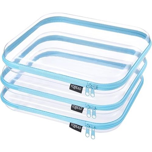 YQBRAO 3-Pack Large Clear Hard Shell Zipper Case, 1.2mm Rigid Toy & Cosmetic Bags, Heavy-Duty Diaper Bag Pouch Set with YKK Zippers, Waterproof Travel & Makeup Storage (Blue)