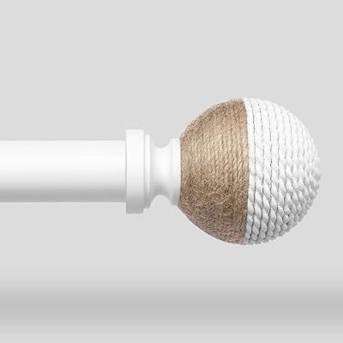 White Boho Curtain Rods for Windows, 1" Adjustable Decorative Heavy Duty Window Treatment Rods 30 to 56 inch with Pinecone Twine Finials, Rustic Farmhouse Drapery Pole for Bedroom