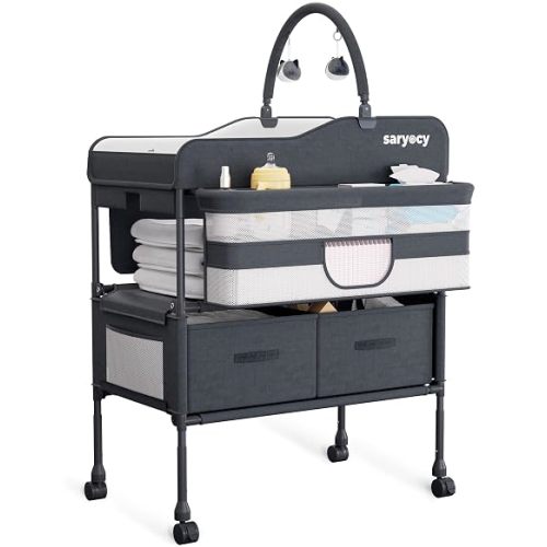 Baby Changing Table with Storage, Adjustable Height Nursery Table