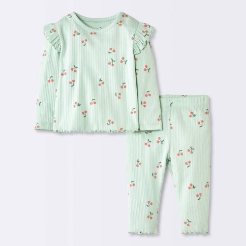 Baby Girls' 2pc Cherry Fruit Ruffle Long Sleeve T-Shirt and Leggings Set - Cloud Island™ Light Mint Green 6-9M