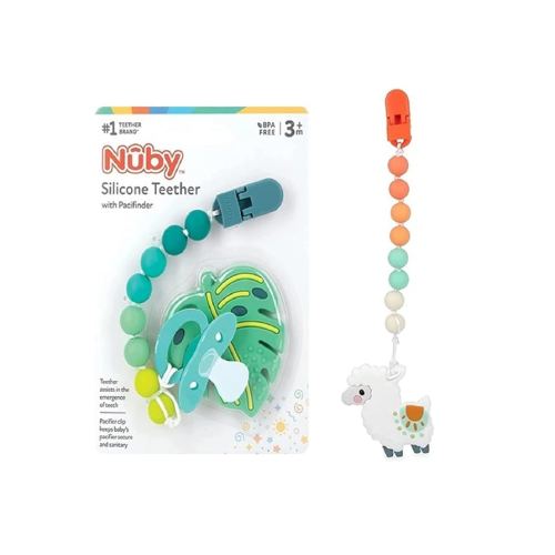 Nuby All Silicone Teether with Bonus Silicone Pacifinder with Clip - 3+ Months, 2pk (Monstera Leaf/Llama)