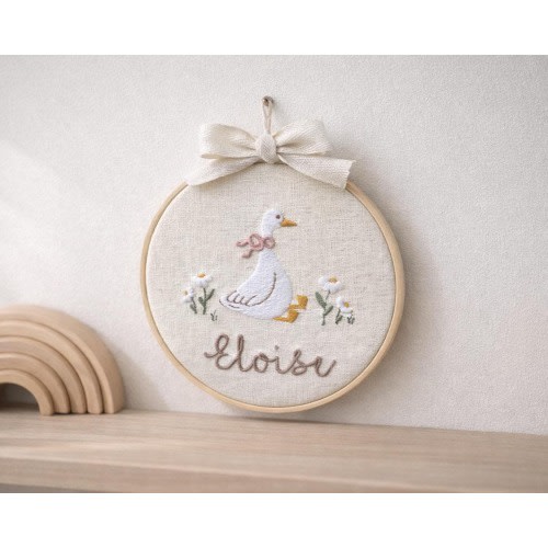 Baby name sign embroidered with storybook goose and florals, Nursery Wall Decor Custom Baby Ornament Baby Shower Gift, Gift for Newborn