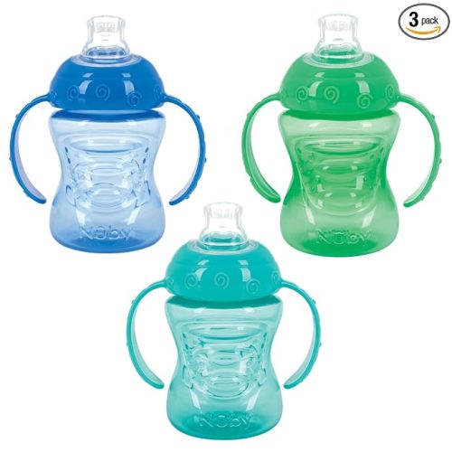 Nuby 3 Pack Two Handle No Spill Toddler Sippy Cups - Toddler Cups Spill Proof with Easy and Firm Grip - Aqua, Blue, Green