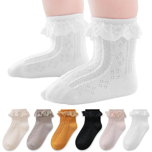 EPEIUS Baby Lace Socks Newborn Girl Eyelet Ruffle Frilly Socks Soft Breathable Seamless Cotton Sox 0-6/6-12/12-24 Months